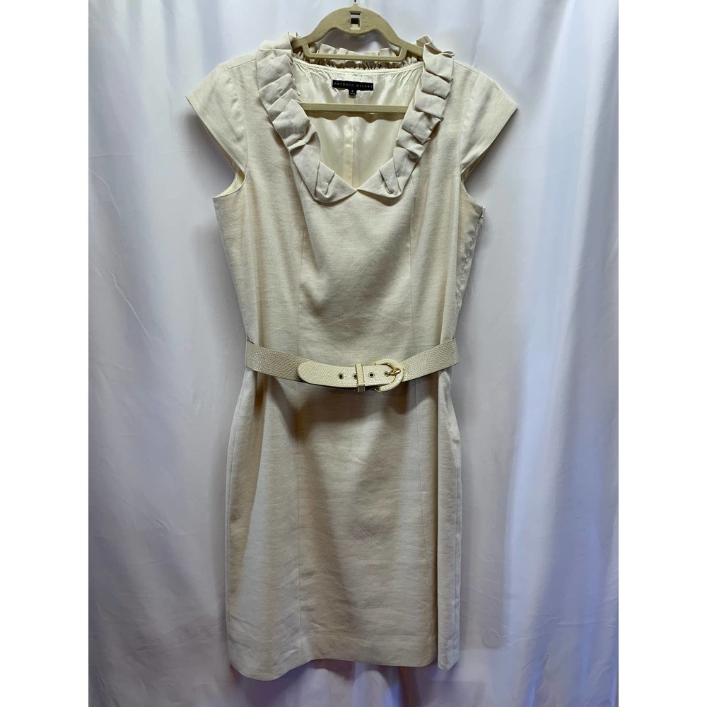 Antonio Melani Cream Sheath Linen Blend Dress with Belt Size 8 (KH66)